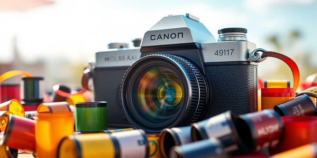 Film camera and colorful rolls of film on a table.