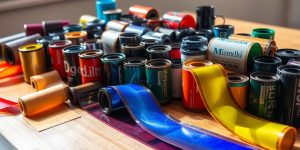 Colorful film rolls on a wooden table in sunlight.