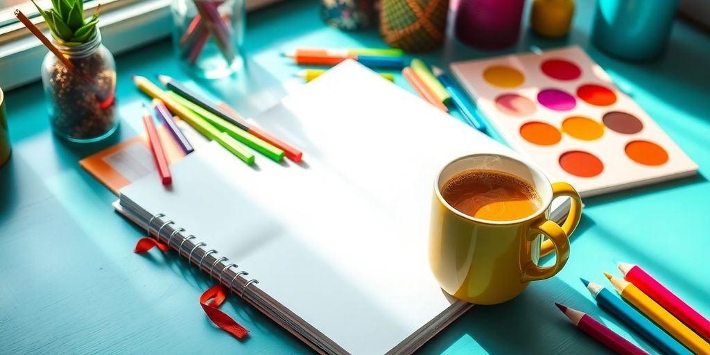 A bright workspace with art supplies and a notebook.