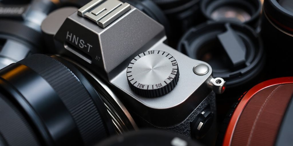 Close-up of a manual camera with lenses and dials.