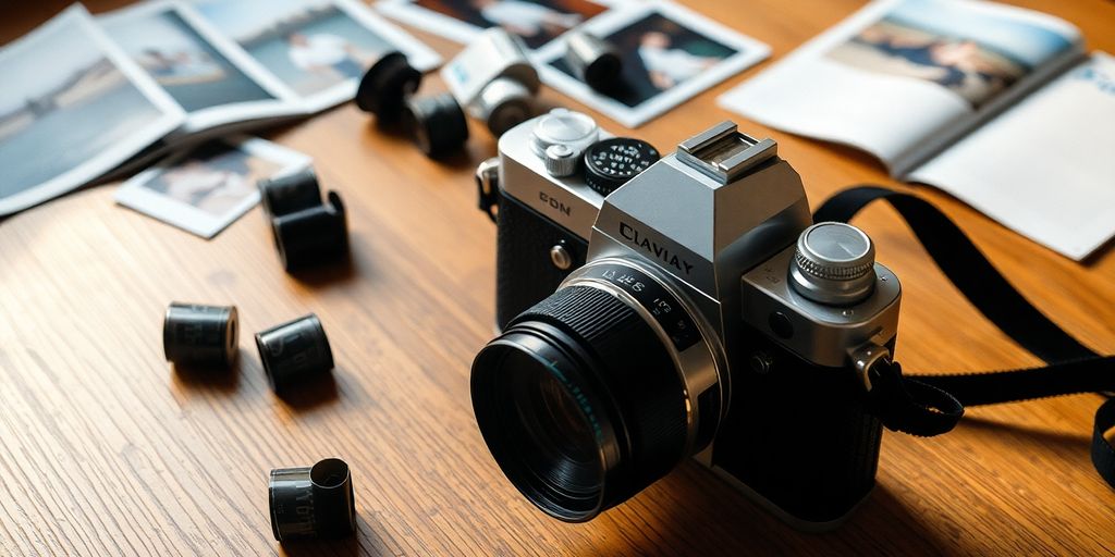 Film camera with photos and film rolls on a table.