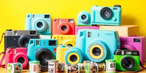 Colorful Lomography cameras and film rolls on display.